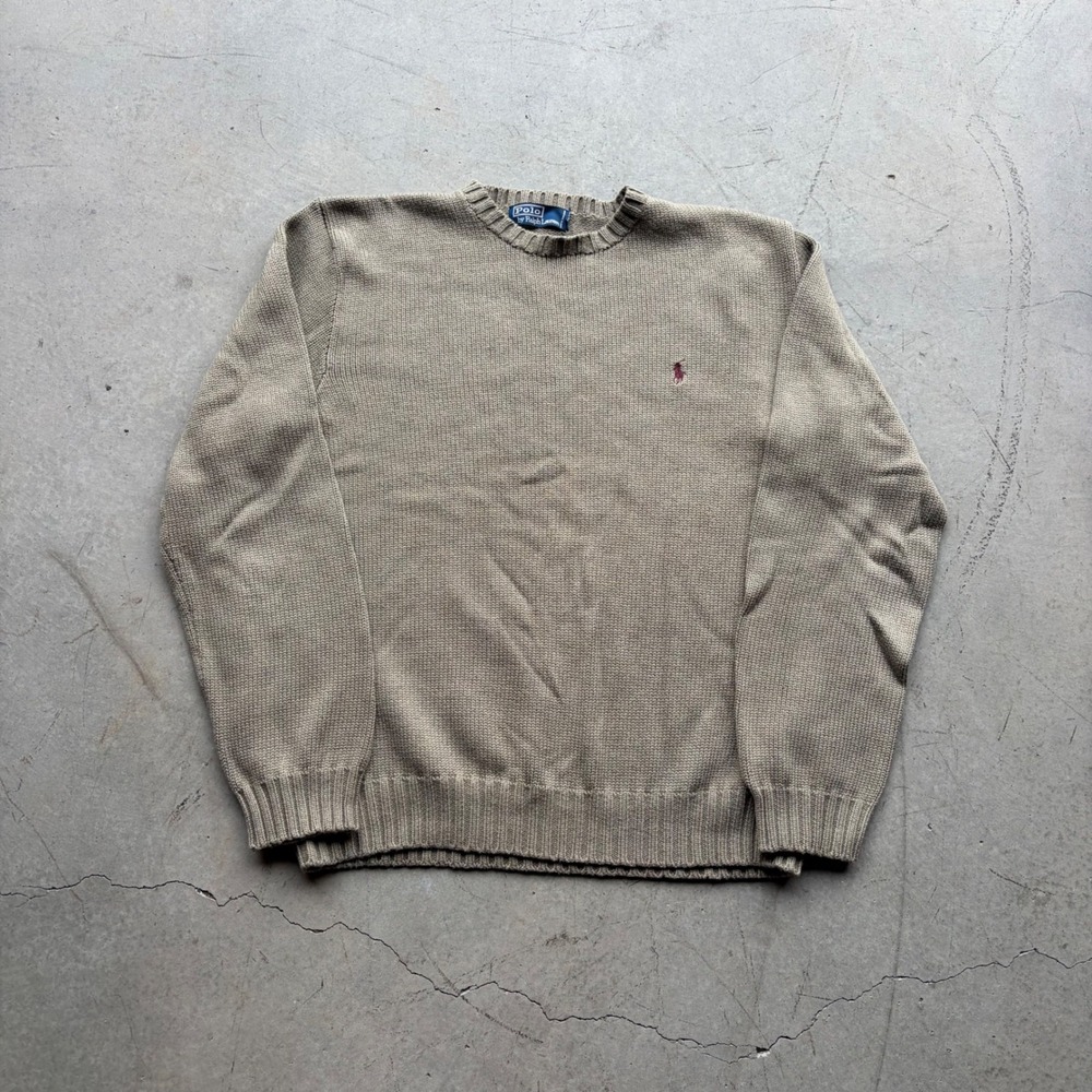 Vintage Polo Ralph Lauren Crewneck Sweater Tan Cotton Knit Mens Large - Picture 2 of 8